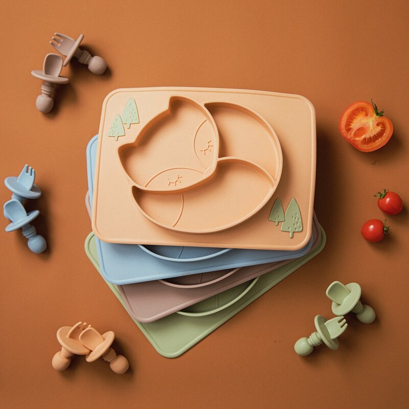 Juego de vajilla de alimentación para bebé, plato de comedor de zorro, cuchara de silicona, tenedor, impermeable, sin BPA, tazón de silicona de grado alimenticio, 3 unids/set
