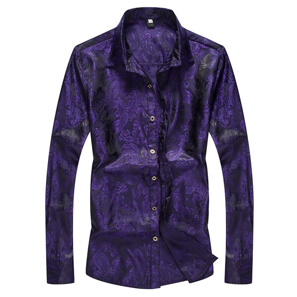 Purple Paisley Floral Shirt Men Autumn Slim Fit Gold Foil Printed Silk Shirt Male Casual Party Perform Chemise Homme: Purple / L