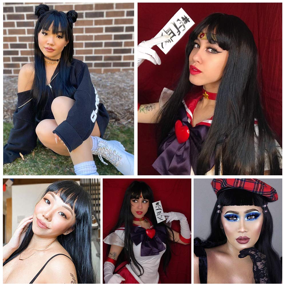 I's a wig peruca longa lisa preta com franja, para mulheres negras, peruca sintética vermelha marrom, moda diária, resistente ao calor, traje de cabelo