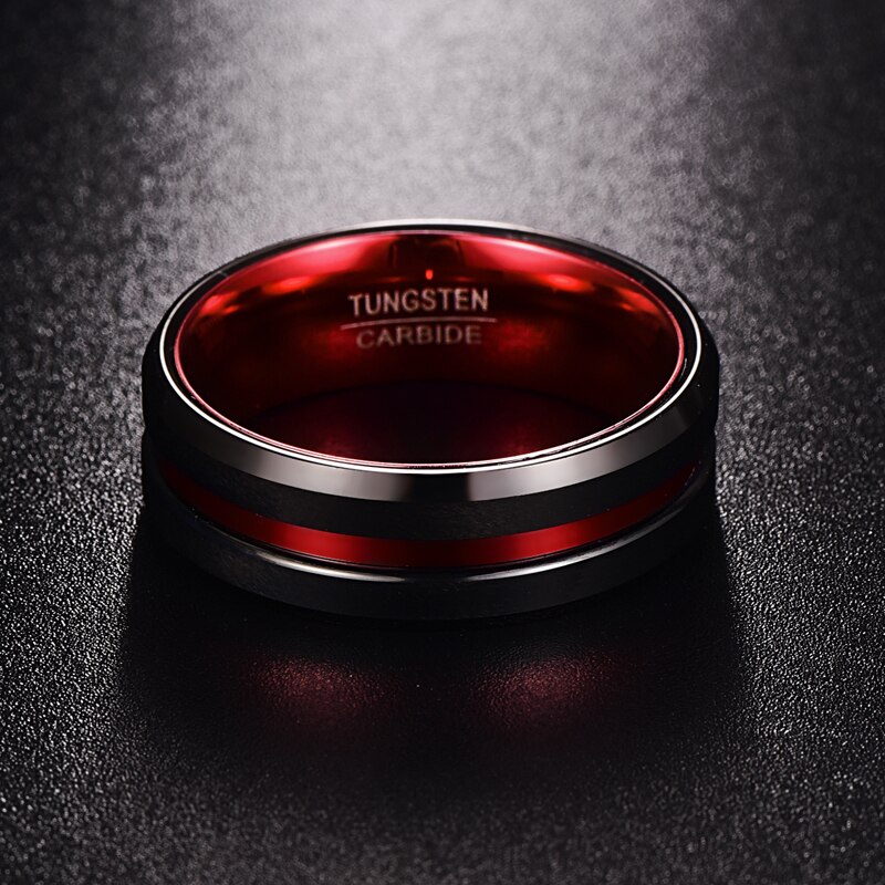 Jqueen herre s 8mm sorte og røde wolframcarbid ring mat finish affasede kanter størrelse 7 to 16 aaa
