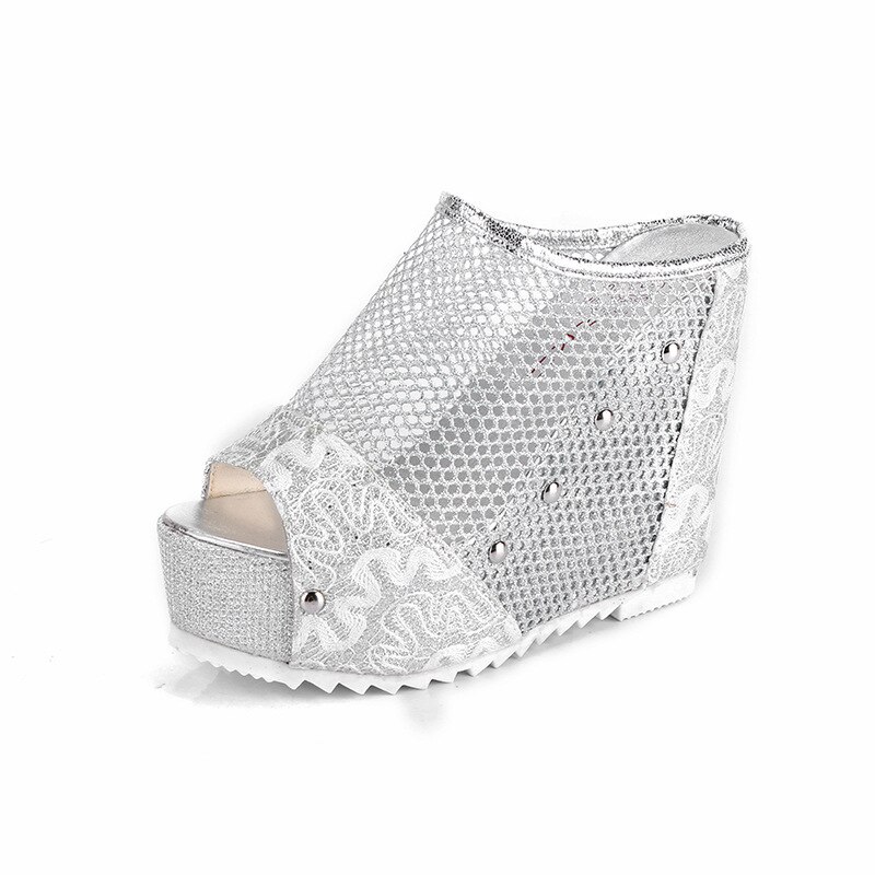Sommer kvinner sko retro etniske hødu hæler plattform broderi tøfler kile Strand snu flopper kvinner blomster lysbilder: Sølv / 5