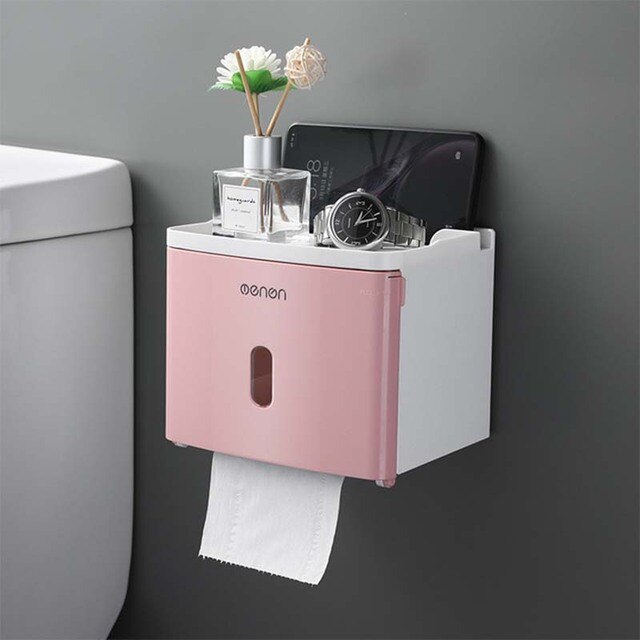 Toilet Paper Holder Wall-Mounted Waterproof Double Layer Storage Box Roll Tube for Toilet Paper Bathroom Accessories: Pink-001