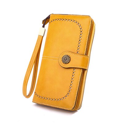 Damen-geldbörse aus gewachstem leder im retro-stil mit langem reißverschluss, handytasche, kartenetui und handtasche.: Gelb