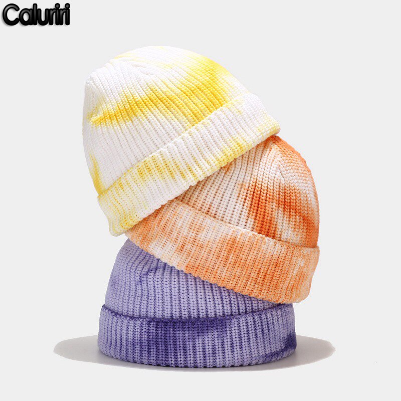 binden Farbstoff Mütze für Männer Winter Hüte für Frauen Motorhaube Brimless Kappe Erwachsene lässig Druck Gestrickte Kpop betroffen Herbst Hütte ZZ-293