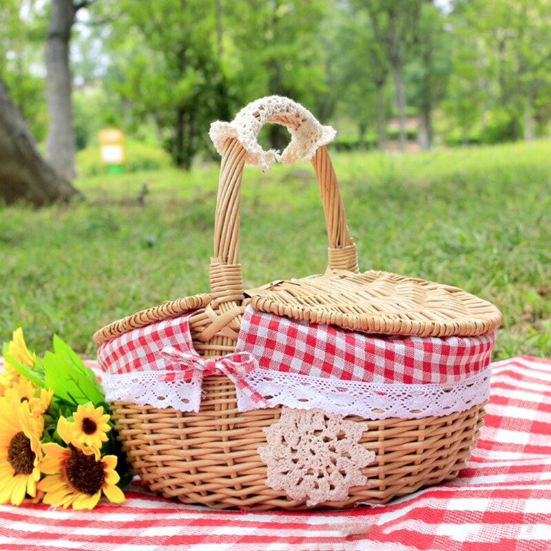 Rattan Outdoor Picnic Basket Country Style Wicker Hamper with Lid and Handle Liners Food Fruit Storage Carrying
