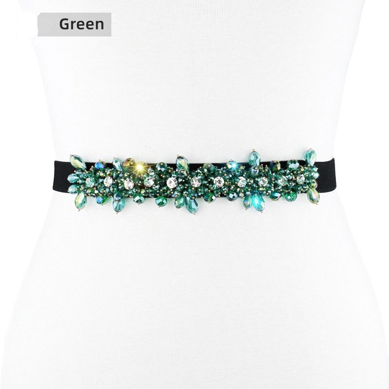 Frauen Klassische Elegante Breite Elastische strecken Taille Band mit Dekorative Strass Perlen Blume Taille Gürtel Bund B68: Grün