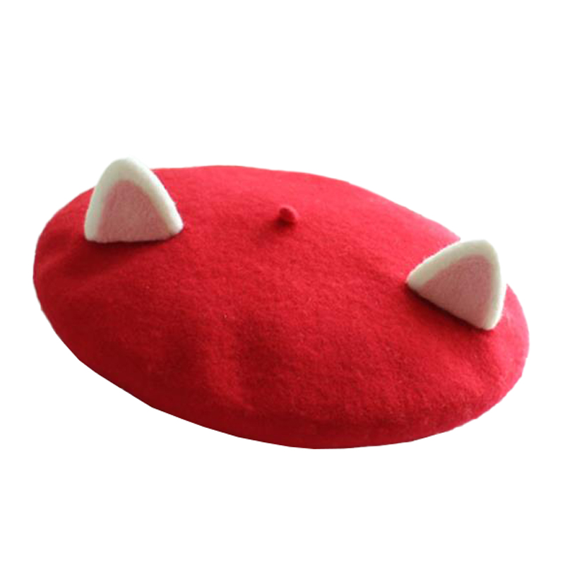 Gorro de pintor para mujer, gorro de lana hecho a mano con orejas de gato, creatividad, bonito gorro de Otoño Invierno, disfraz de fieltro de lana, boina divertida de dibujos animados: Rojo