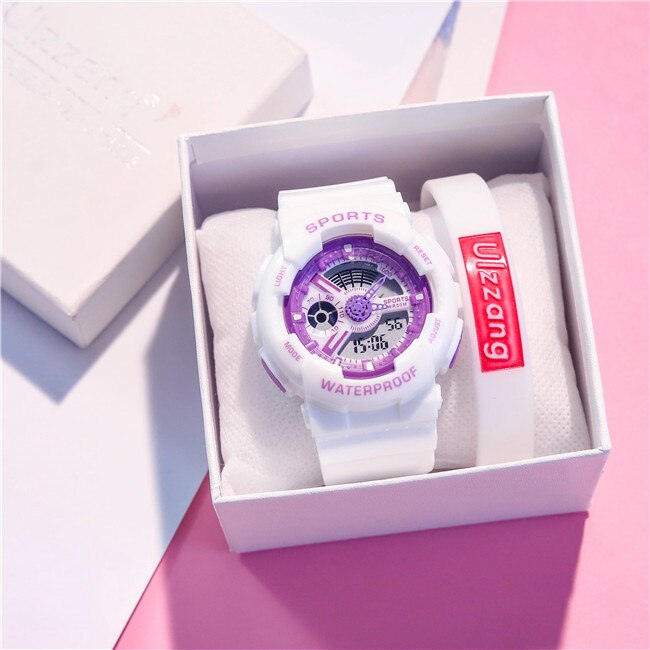Unieke dameshorloges, wit dames sporthorloge, waterdicht, dual time led digitaal horloge voor meisjes en jongens, trendy: Wit paars