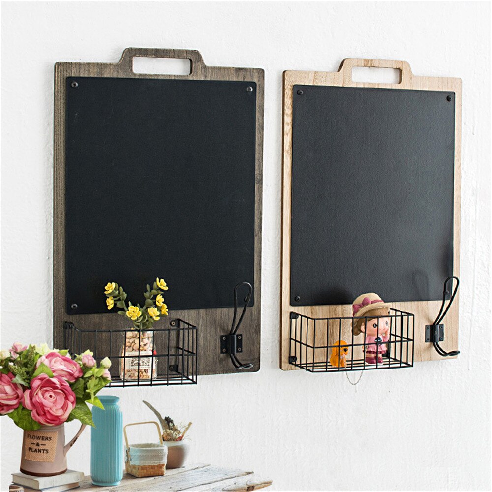 Wall Mounted Whitewashed Wood Chalkboard & Cork Board Rack with Mail Sorter & Key Hooks Retro Memo Reminder message board