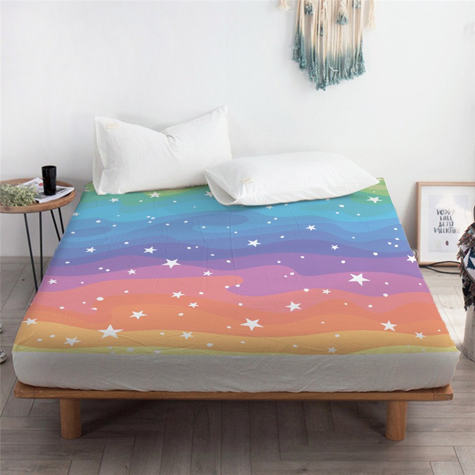 BeddingOutlet Rainbow Bed Sheet Colorful Microfiber Fitted Sheet Watercolor Mattress Cover Modern Bedding Stars Queen Bedlinen: King