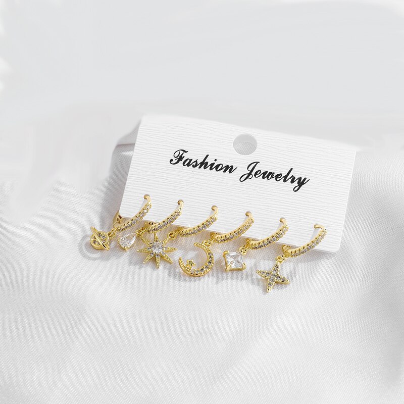 SIPENGJEL orecchini a cerchio in cristallo di zircone lucido di moda Set orecchini pendenti a forma di stella geometrica per gioielli da donna 2021