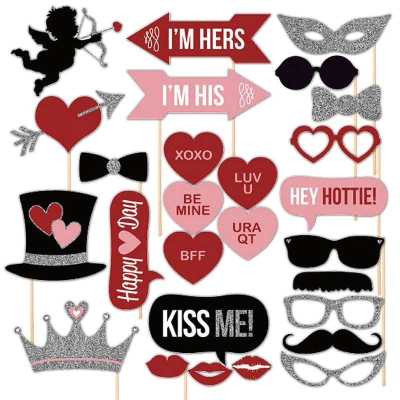 27-58pcs wedding photobooth accessory Props DIY Mustache Lips Glasses Mask Photo shoot props bachelor party team bride props: Valentine  27pcs