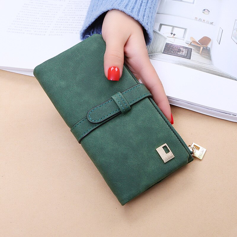 Mode Vrouwen Portefeuilles Trekkoord Nubuck Leer Rits Portemonnee Vrouwen Lange Portemonnee Tweevoudig Meer Kleur Clutch: green