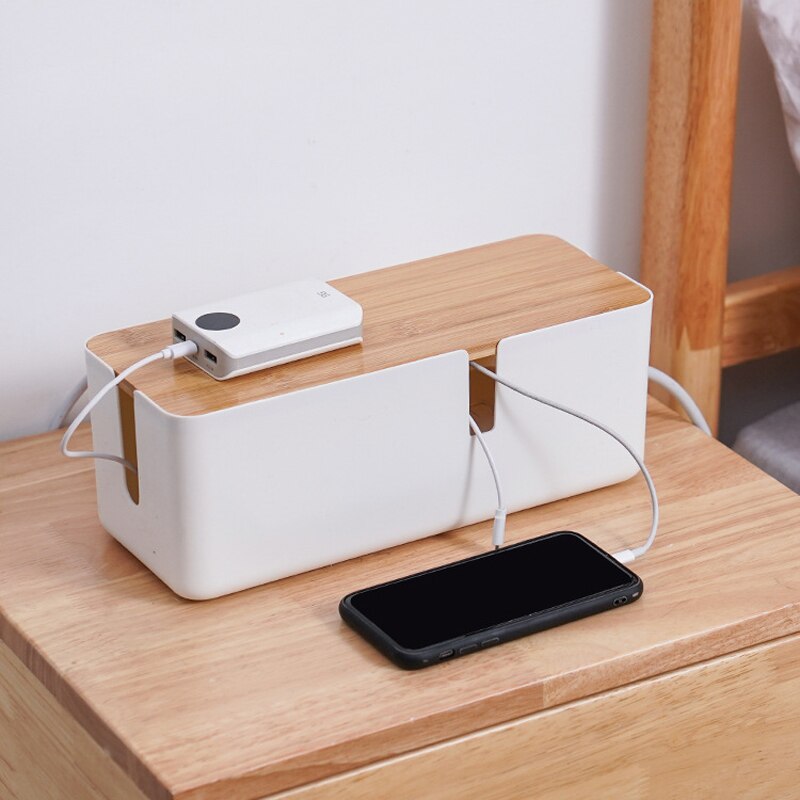 Black Power Strip Wire Case With Wood Cover Manage Cable Storage Box Dustproof Plastic Power Strip Storage Box Desktop Organizer