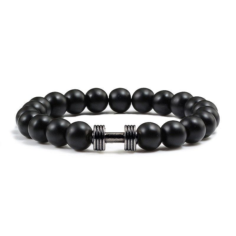 3 kleur Legering Barbell Halter Matte Black Lava Vulkanische Rock Mannen Armband Femme Natuursteen Boeddha Elastische Strand Armbanden