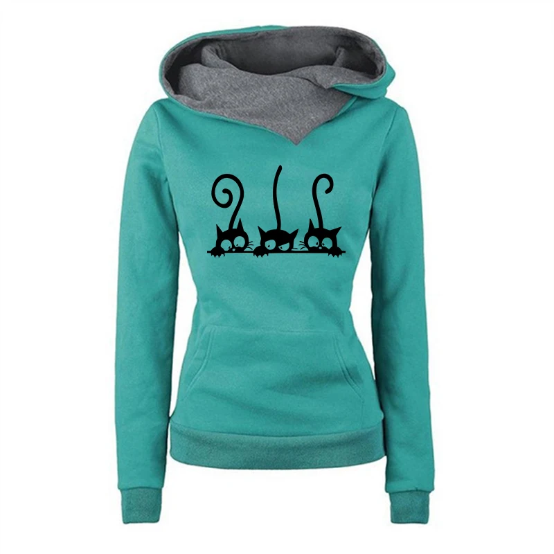 de las mujeres lindo gato sudaderas con capucha Otoño Invierno sudadera cálida de señoras diario Casual deportes jogging Top ropa: S / Azul