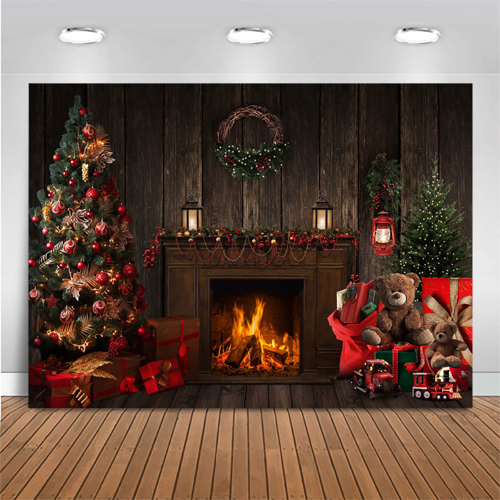Mocsicka Wood Wall Fireplace Photography Backdrops Christmas Tree Toy Kid Birthday Photo Background Photo Studio Photoshoot