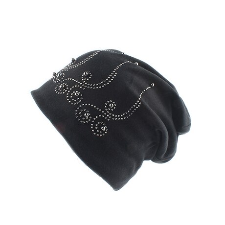 Parel wintermuts dames effen kleur strass skullies mutsen dames herfst mutsen zachte warme katoenen mutsen dames: Zwart
