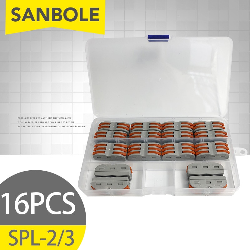16pcs Terminal Block Box SPL-2 and SPL-3 Wire Connector 2/3 Positions Universal Fast Connection Electrical Equipment Cage Spring