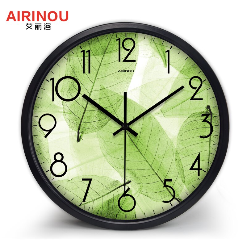 Airinou Green Wall Clock Translucent Leaf Nature Quite Living Room Quartz Glass Silent Home Decor Clock