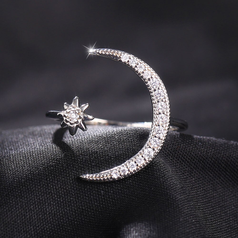 Criatividade design lua estrela anéis redimensionáveis strass mosaico senhoras anel jóias prata cor festa data acessórios de casamento