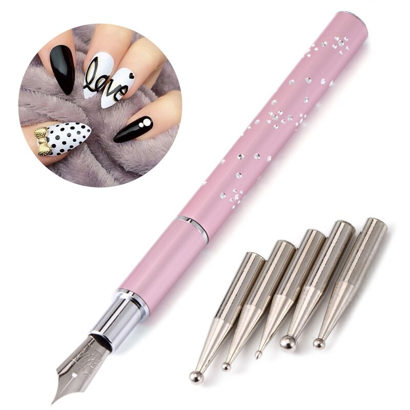 Nail Art Fijne Kant Tekening Pen Met Metallic 5 Pen Tips Rvs Puntjes Voor Salon Manicure Diy Nail Art gereedschap