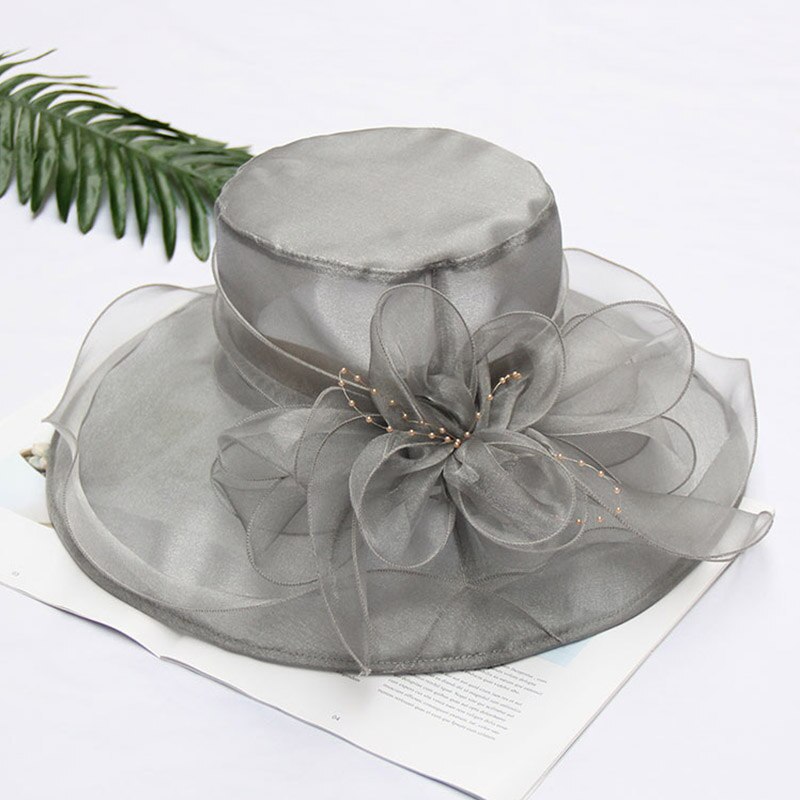 FS -sombreros de Iglesia transpirables para mujer, sombrero de ala ancha de Organza, gris, púrpura, para de té, con flor de malla: Gray Hat