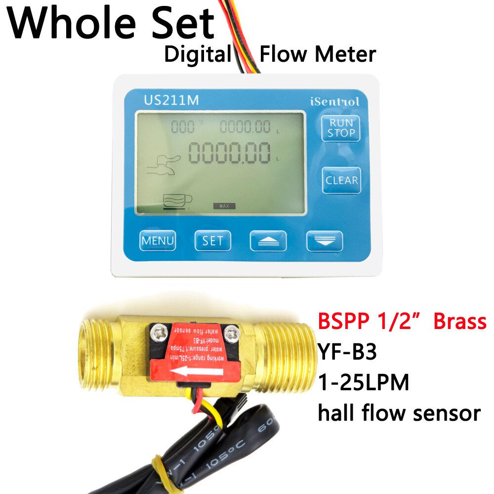 US211M Digital Flow Meter and YF-B3 BSP G1/2" Hall flow sensor Turbine 1-25L/min Turbine Flow Meter Water Flow Sensor iSentrol: whole set