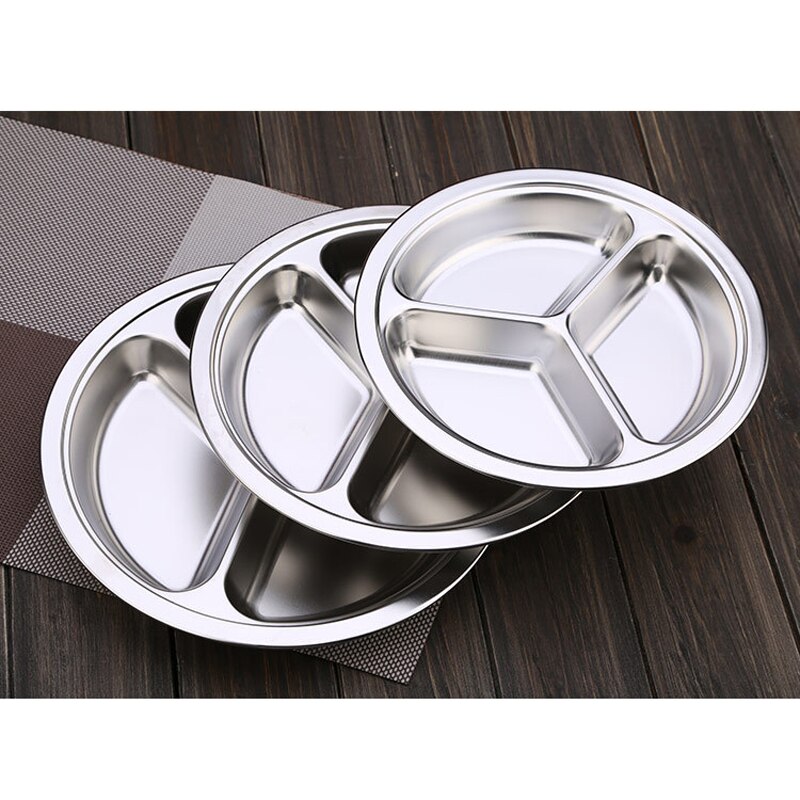1pc 22/24/26cm Dia 3 Sections Round Divided Dish Snack Dinner Plate Stainless Steel