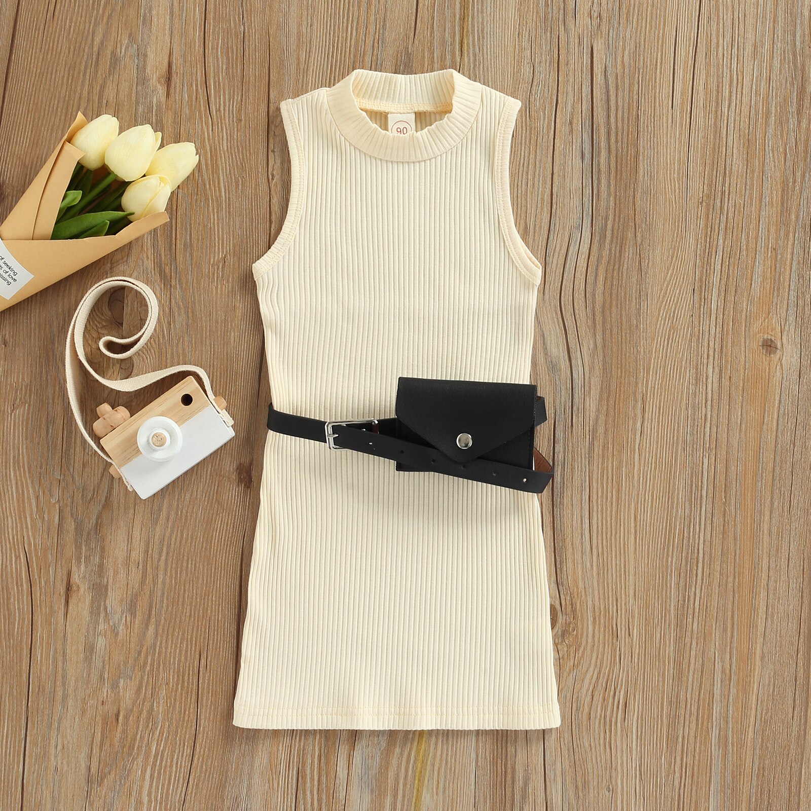 Vestido de verano para niñas de 1 a 6 años con cuello redondo, sin mangas, Color sólido, con cinturón y bolsa