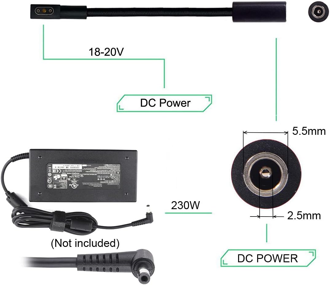 DC Jack Input to 3Pin Power Plug Cable Compatible for Laptop Pro 17 and Razer Blade 15 Model GTX1060Support 230W Charge Adapter