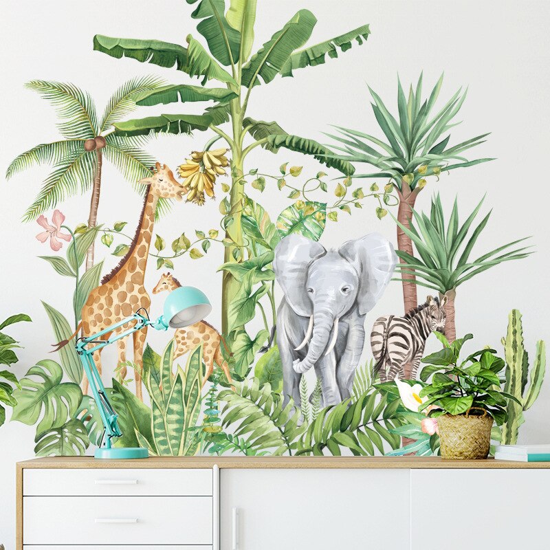 Green Rainforest Wall Stickers for Living room Bedroom Elephant Giraffe Animals Wall Decals for Kids rooms Home Decoration Mural