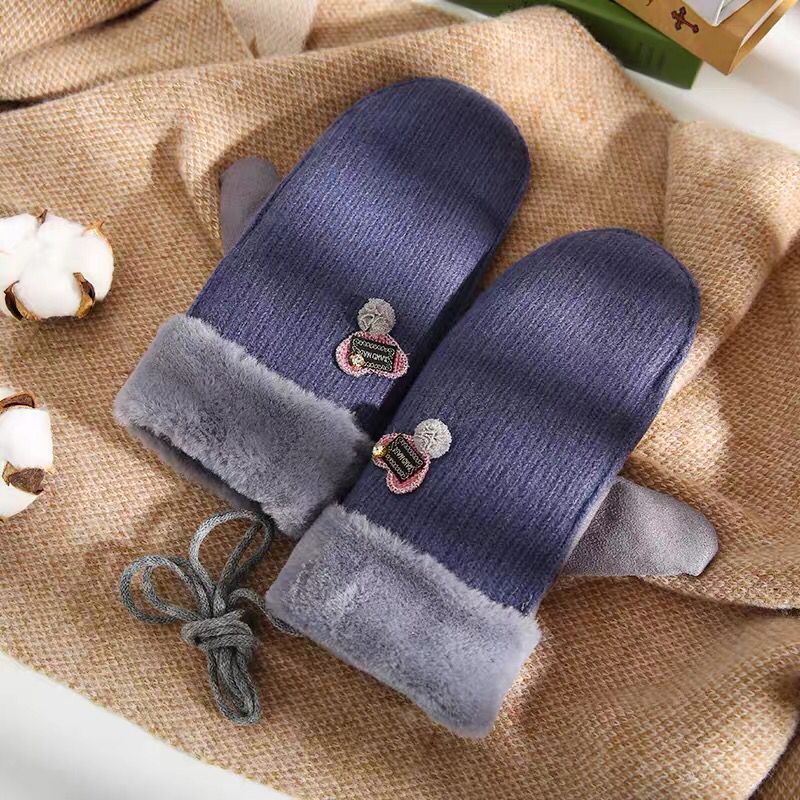 Handschuhe Winter Damen Plus Samt Dicke Warme Nette Schüler eins Frauen Herz Handschuh Neue Jahr draussen Hängen Nacken Handschuhe wolle: Marine