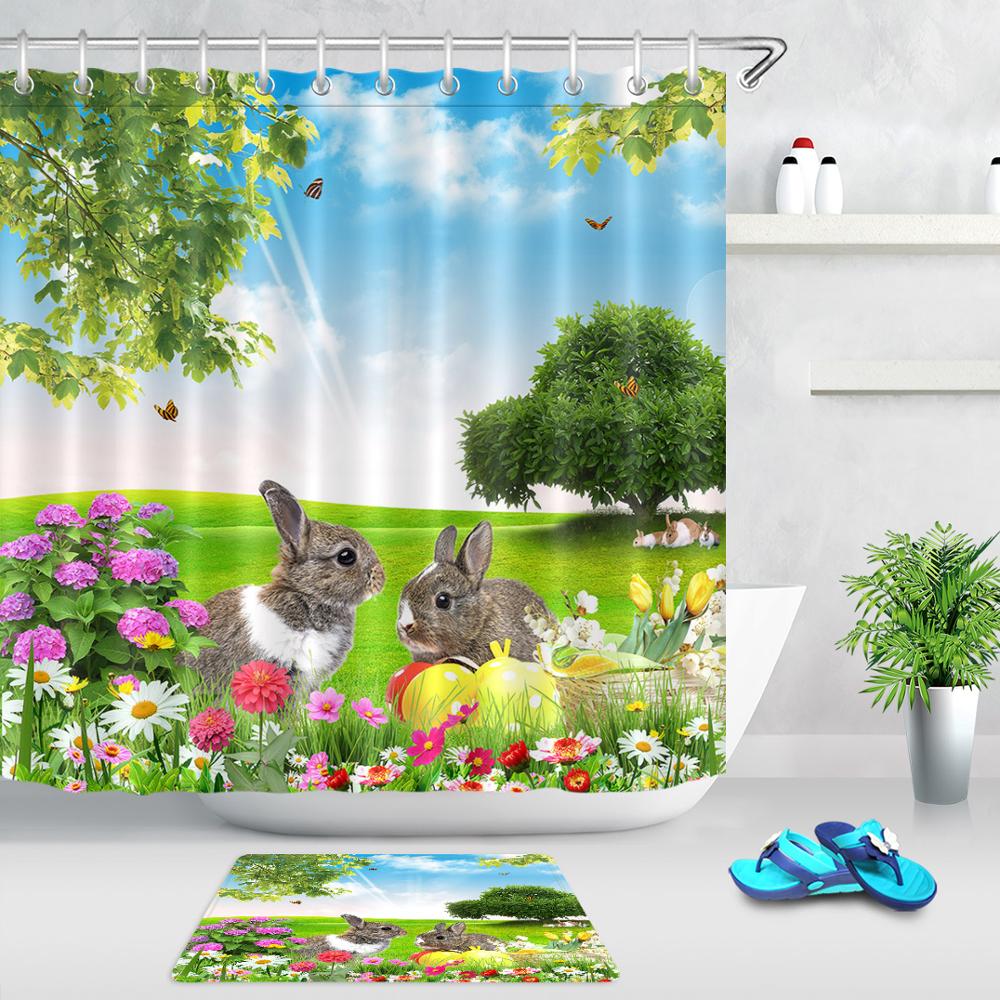 Paaseieren Bunny Douchegordijn Antislip Tapijten Waterdicht Polyester Bad Gordijn Lente Landschap Weide Bloem Badkamer Gordijnen: Curtain and Mat / 180x180cm-72x72inch
