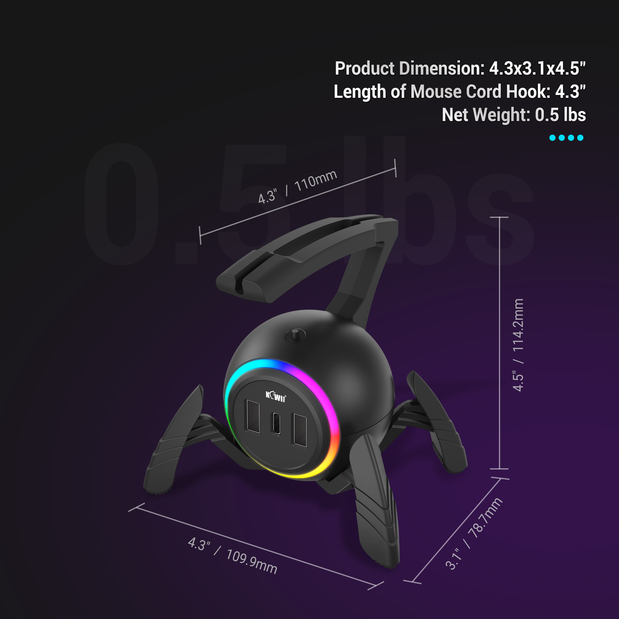 Muis Bungee Muis Kabelhouder Snoerclip Draadorganizer Flexibel voor muizen die Esports Gaming spelen met 3 USB-poorten en RGB-licht