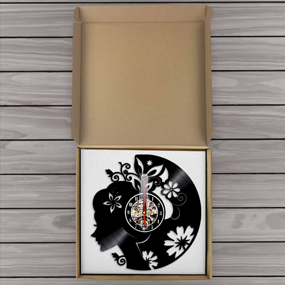 Beauty Girl Vinyl Record Wall Clock Beautiful Lady With Flower Time Clocks Watch LED Black Light Modern Home Decor Unique