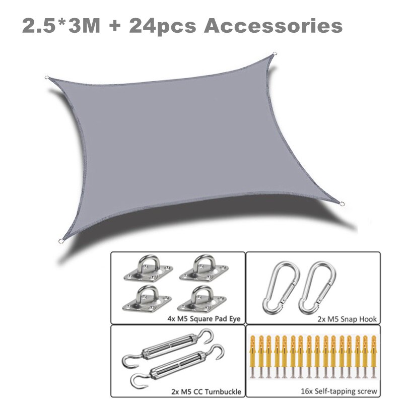 Waterproof Sun Shade Sail &amp; 24Pcs Accessories Set Outdoor Awnings Garden Patio Pool Canopy Sun-shelter Rectangle Shade Sails: Gray 2.5x3 set