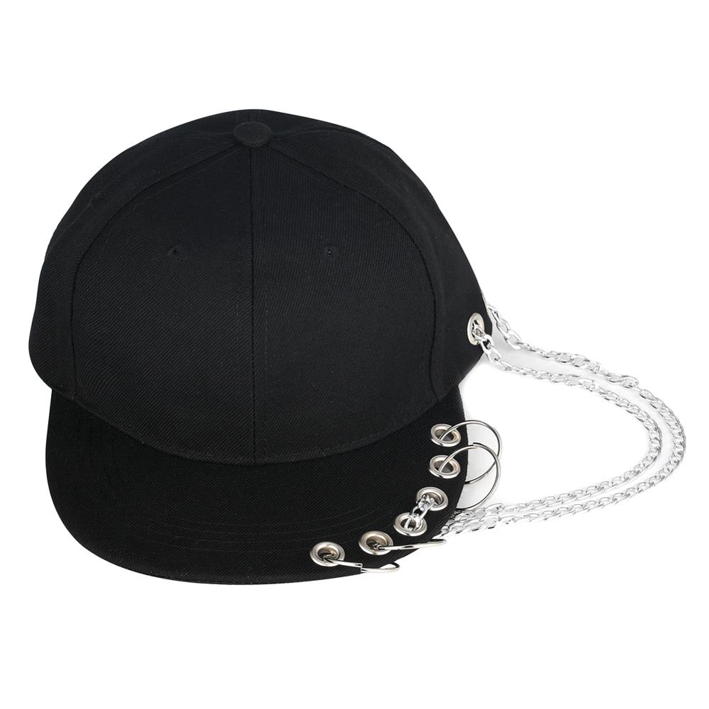 Gorra negra Punk Hip hop con cadena de hierro, remache, sombrero plano con pico, gorra deportiva transpirable para papá, Piercing, anillo, gorra de béisbol Snapback jazz niños