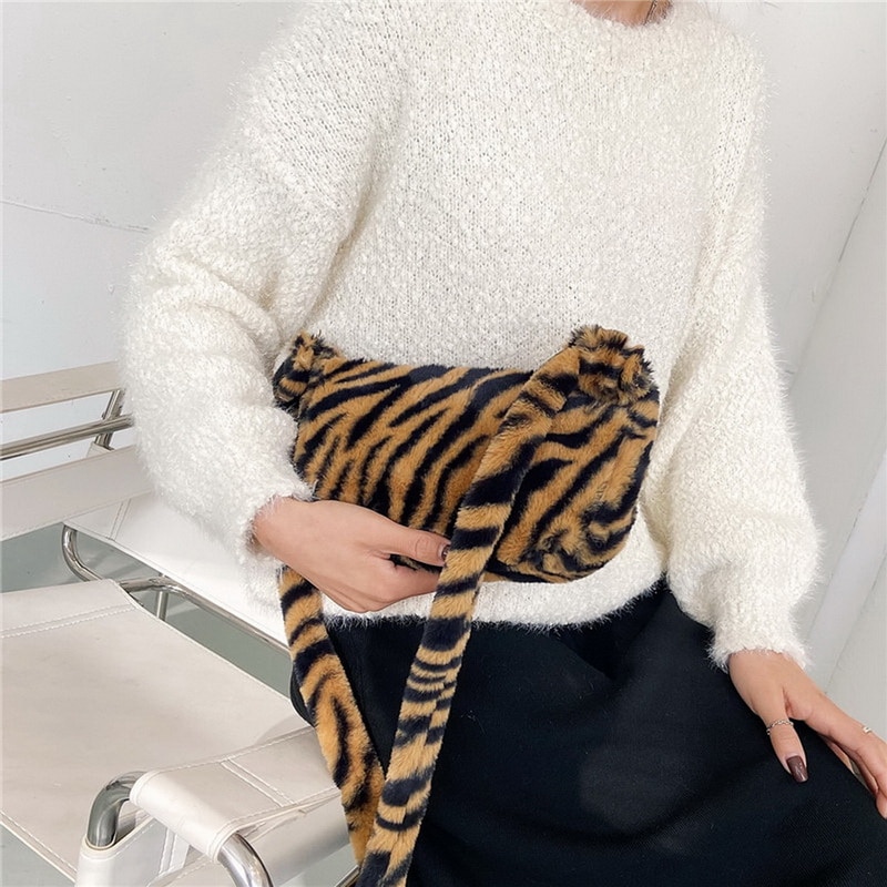 Pluizige dames handtas kleine luipaardprint crossbody tas dames pluche zachte casual schoudertas сумка женск