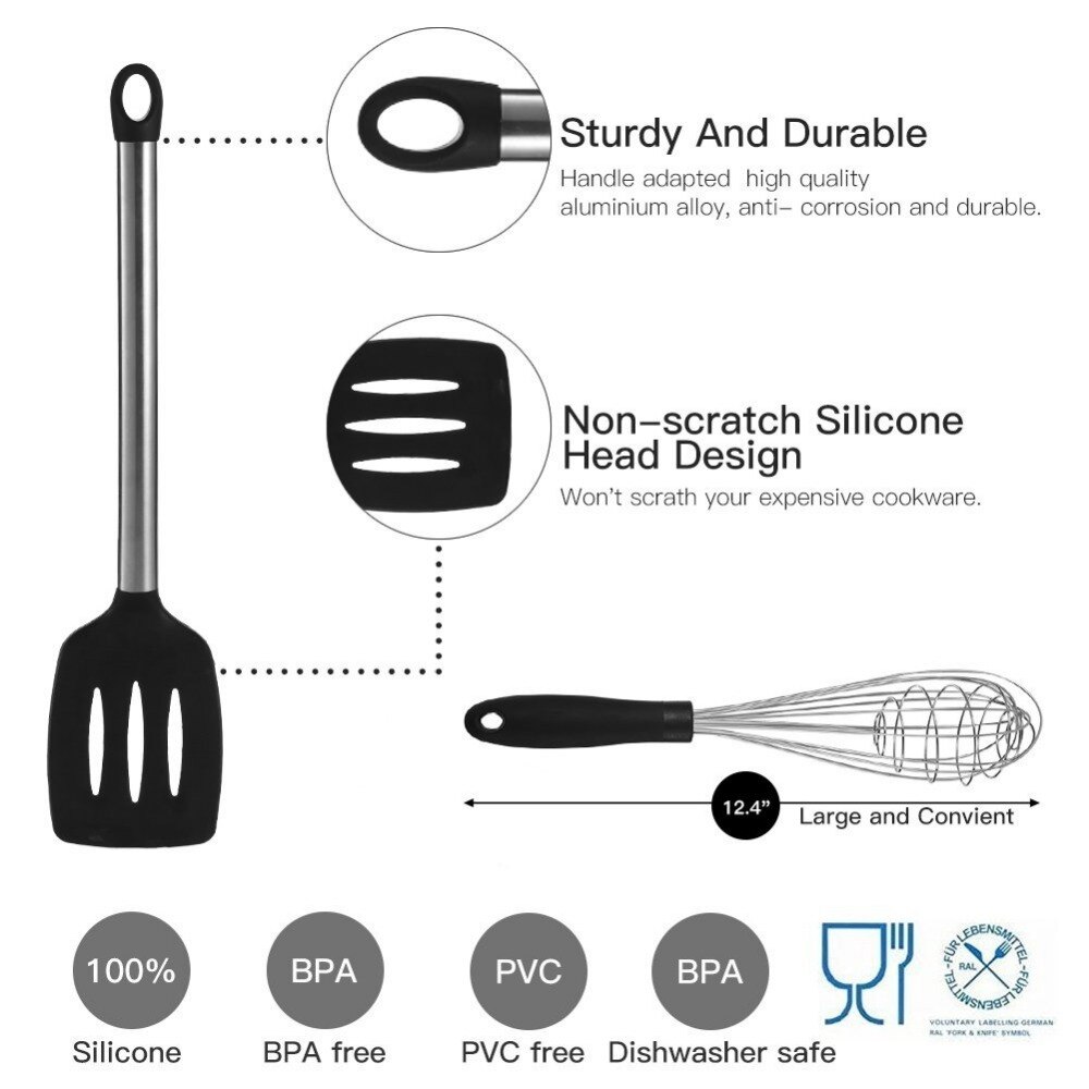 9Pcs Silicone Cooking Utensils Set Stainless Steel Handle Kitchen Utensil Set with Storage Box Serving Spatula Spoon Tongs Whisk