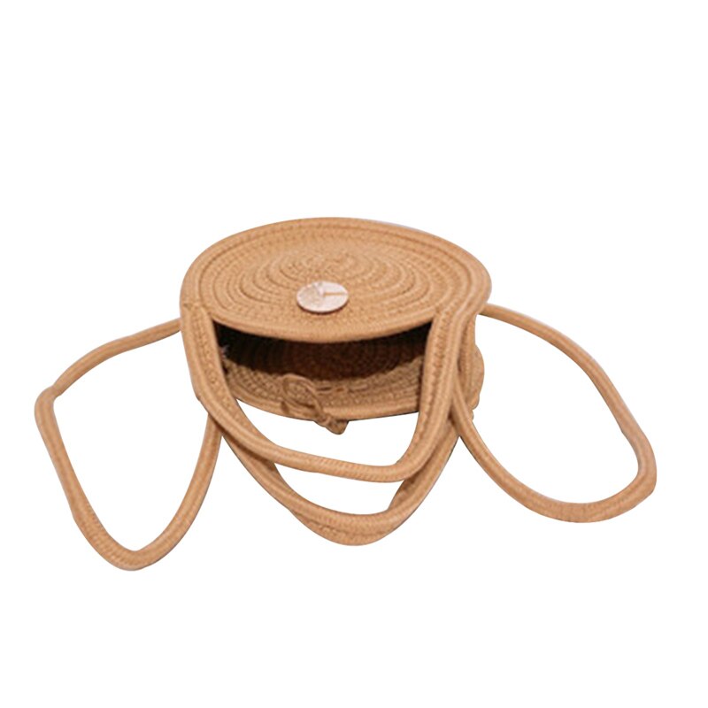 Bolso de paja trenzado para mujer, bolso de mano con asa portátil, cubo decorativo redondo para chica: Café
