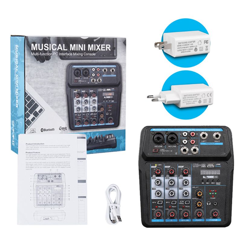 4Channel Digital Mixer Console with Bluetooth USB 48V Phantom Power for DJ