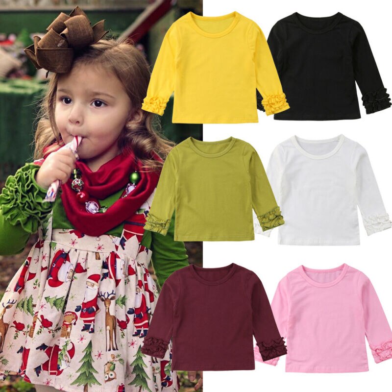 1-5Y Peuter Kinderen Meisje Mode Puff Met Lange Mouwen Tops Kleding T-shirt Tee Tops Herfst Casual Solid Katoen Zachte Kant t-Shirt
