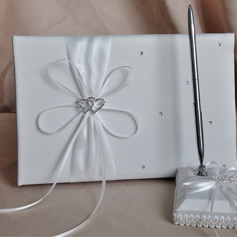 Bröllop gäst närvaro bok pennhållare set med dubbel hjärta rosett diamant dekoration signatur bok bröllop leveranser: Default Title