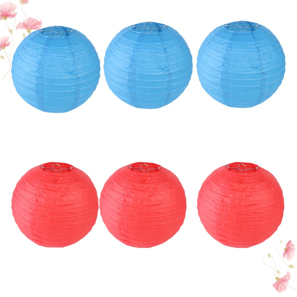 6pcs 20cm Paper Lantern Round Foldable Hanging Lantern Wedding Scene Decoration Hanging Lamp Layout Prop (Red and Blue)
