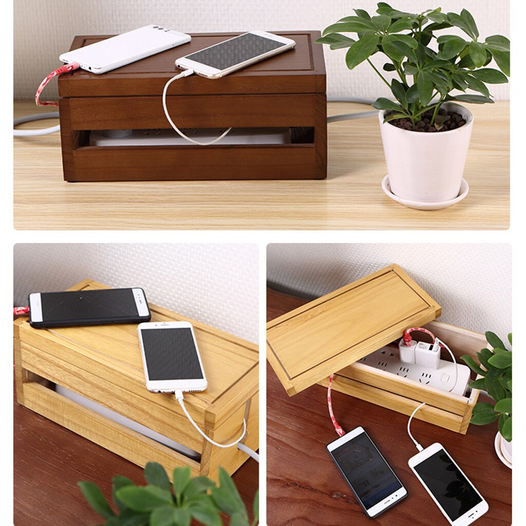 Cable Management Box Wood Cord Organizer Conceal Extension Cover Office