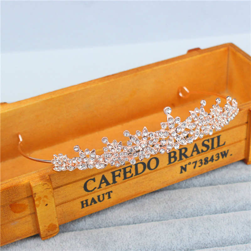 Guldfärgad kristall strass krona och tiara bröllop hårsmycken accessoarer för kvinnor brudtiaror huvudbonad flickor pannband: Rosa guldfärg