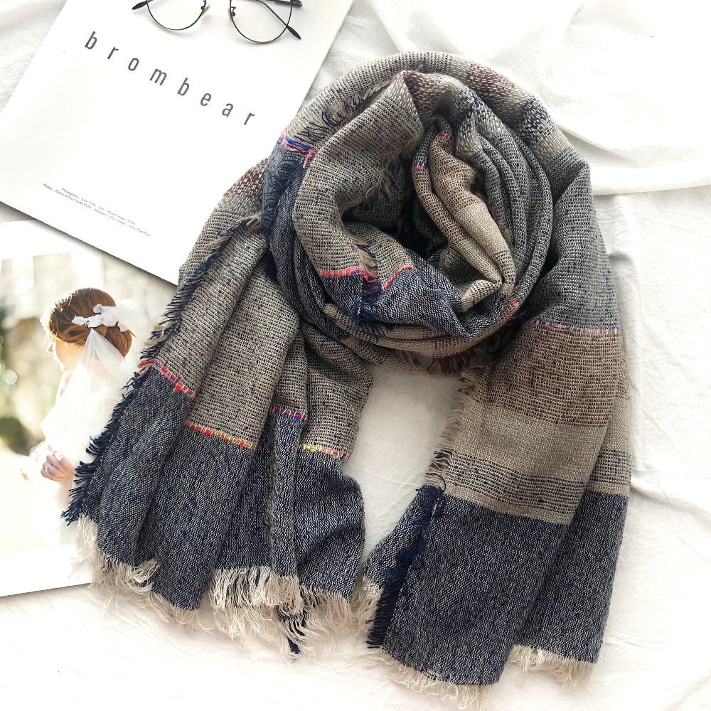 Japansk unisex stil vinter tørklæde bomuld og linned solider farve lange kvinders tørklæder sjal plaid mænd tørklæde