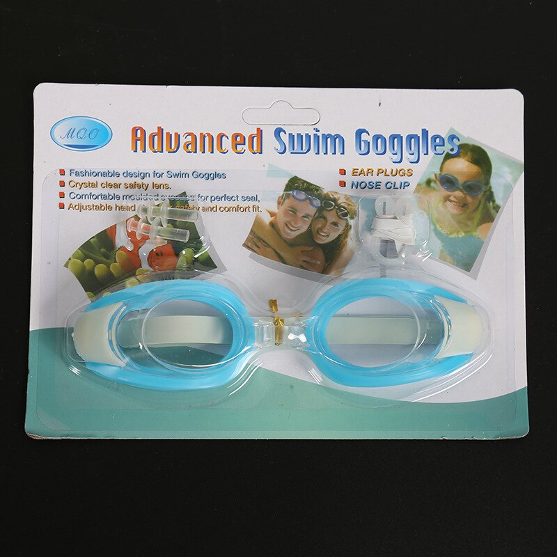 Gennemsigtige svømmebriller med næseklemme ørepropper voksne børn børn flade lys mænd og kvinder dykkerbriller: Himmelblå