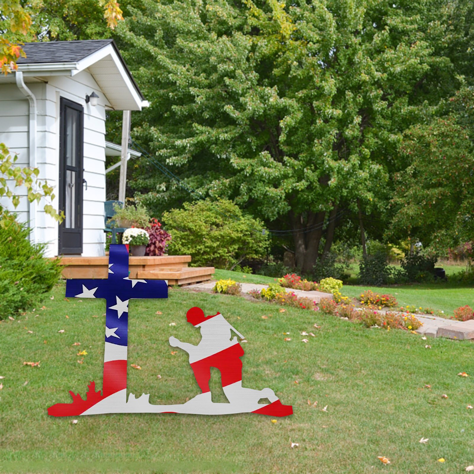 American Cross Kneeling Soldier Weathered Sign Plastic Splicing Diy Art Decoration Landscaping Decorative Spinners
